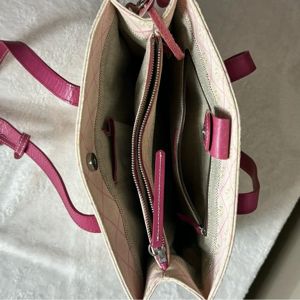 Dooney & Bourke Cream and Pink DB Monogram Tote Pink Leather Trim